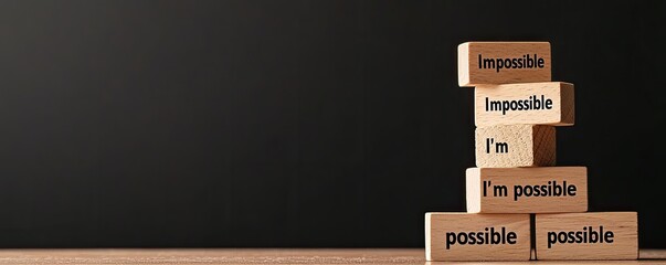 Positive mindset concept. A motivational arrangement of wooden blocks showcasing the words "impossible" and "possible," emphasizing the power of positive thinking. © CassiOpeiaZz
