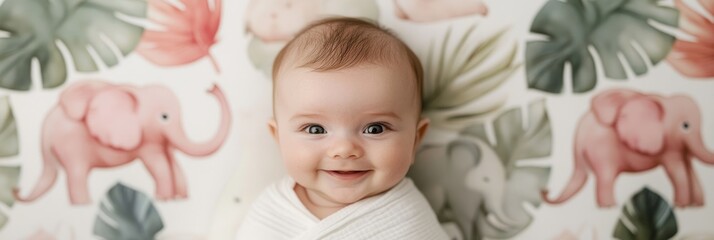 Happy baby on a pink elephant and tropical leaf patterned sheet.