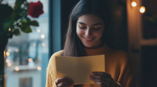 Young hispanic woman reading letter by window in cozy cafe with warm lighting
