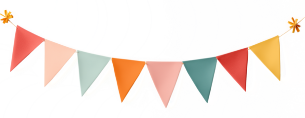 Colorful party bunting with sharp triangular flags in bright hues, isolated on transparent background. A clean and seamless arrangement for creative designs