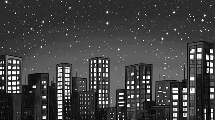 Fototapeta premium Monochrome cityscape at night under a starry sky.