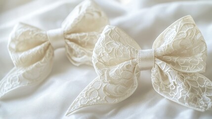 Two ivory lace bows on white fabric.
