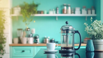 French press coffee maker and cup on kitchen counter.