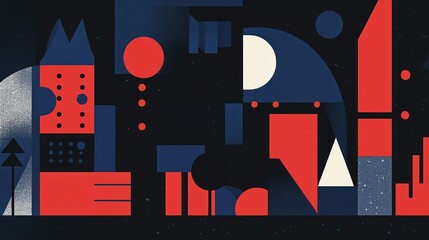 Obraz premium Abstract geometric cityscape at night with red and blue shapes.