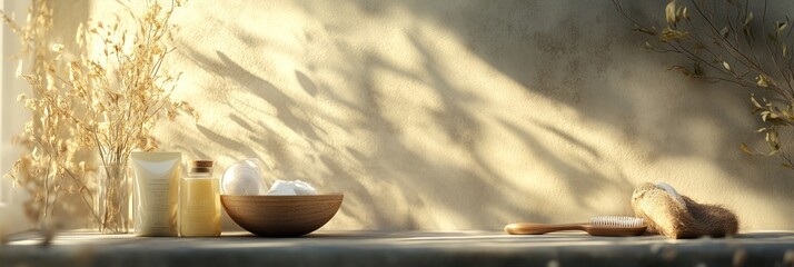 Obraz premium Sunlit bathroom shelf with skincare products, cotton balls, and dried flowers.