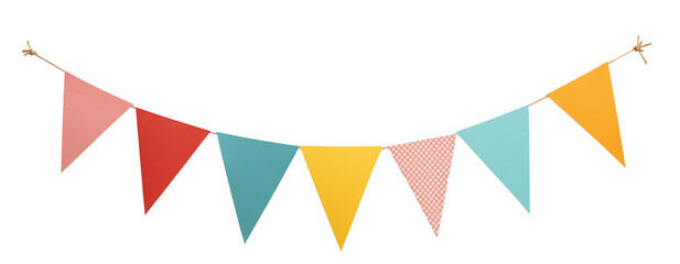 Elegant bunting flags in bright hues, isolated on a transparent background. Perfectly aligned for party decor, celebrations, and creative designs
