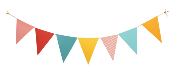 Elegant bunting flags in bright hues, isolated on a transparent background. Perfectly aligned for party decor, celebrations, and creative designs