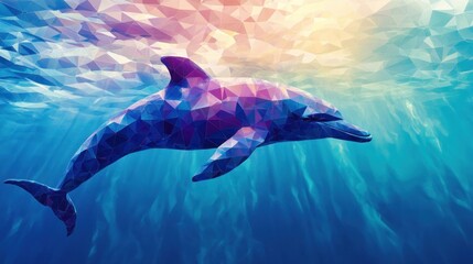 Low-poly dolphin swimming underwater in vibrant ocean.