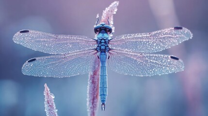Dew-covered dragonfly perched on a plant.