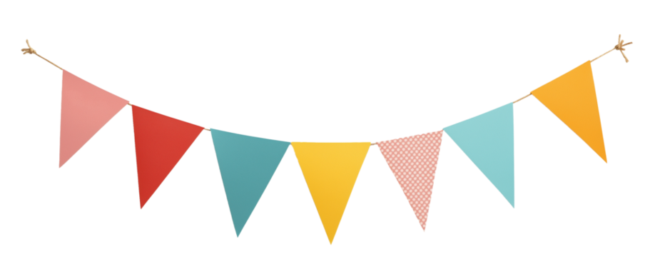 Elegant bunting flags in bright hues, isolated on a transparent background. Perfectly aligned for party decor, celebrations, and creative designs