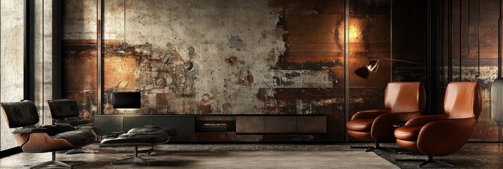 Modern living room with leather armchairs, textured wall, and minimalist furniture.