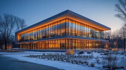 Obraz premium Modern Glass Building in Winter Twilight