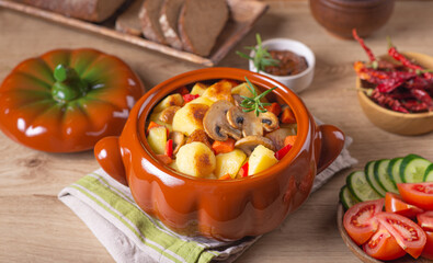 Baked potatoes with mushrooms in ceramic bowl on dining table among vegetables