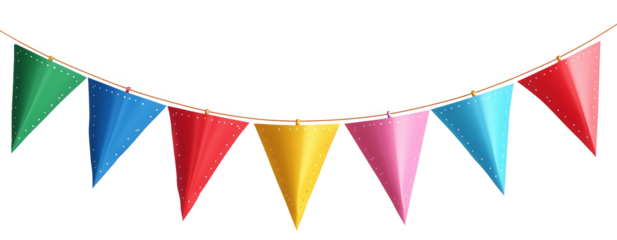 Vivid bunting flags in a spectrum of bright colors, neatly arranged on a clean transparent background. Ideal for festive themes and joyful designs