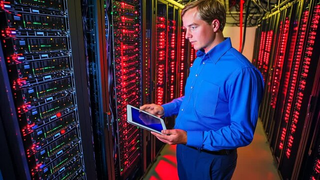A young man in a blue shirt holding a tablet, standing near a supercomputer with rows of active server racks. This real photo.