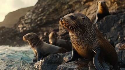 Fototapeta premium Seals resting on rocks near ocean at sunset.