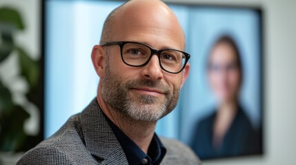 Fototapeta premium Confident businessman in glasses on video conference call.