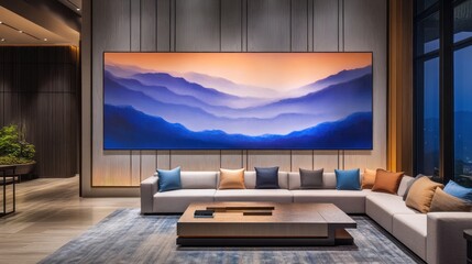 Fototapeta premium Modern living room with large landscape artwork above sectional sofa.