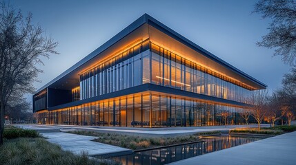 Fototapeta premium Illuminated Modern Architecture: A Stunning Office Building at Dusk
