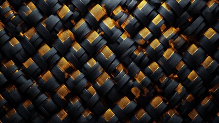 Abstract dark background with interwoven gold and black squares.