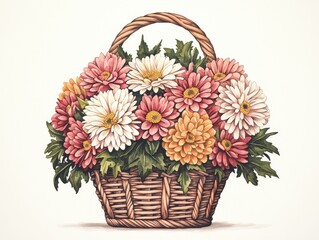 Obraz premium Beautiful blooming basket of colorful flowers on a white background floral art bright and cheerful atmosphere