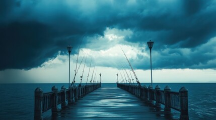 Fototapeta premium A serene pier for sea fishing under a dramatic stormy sky, Fishing rods under turbulent clouds, Stormy tranquility style