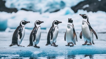 Obraz premium Five penguins standing on ice in Antarctica.
