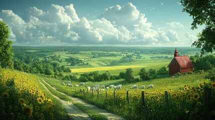 Obraz premium A serene landscape featuring a red barn, green fields, and grazing cows under a blue sky.