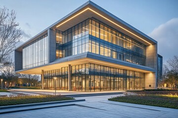 Obraz premium Modern Architectural Masterpiece: A Stunning Evening View of a Glass and Concrete Office Building