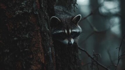 Obraz premium Raccoon peeking from behind a tree in a dark forest.