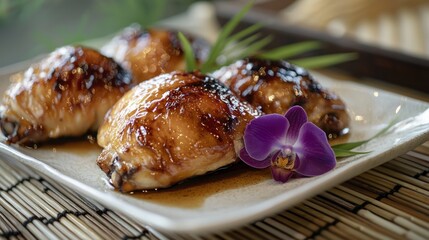 Glazed chicken thighs on a plate with orchid.