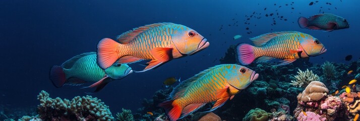 Fototapeta premium Vibrant coral reef fish swimming in ocean.