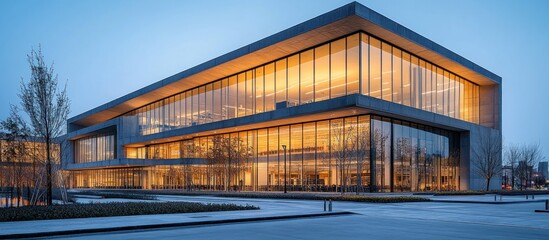 Obraz premium Modern Glass and Concrete Office Building at Dusk