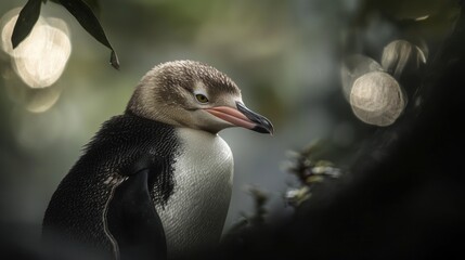 Naklejka premium Yellow-eyed penguin chick in foliage.