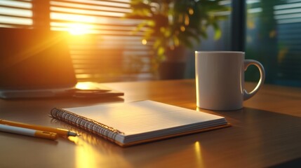 Life coaching concept with journal and coffee mug. Generative AI