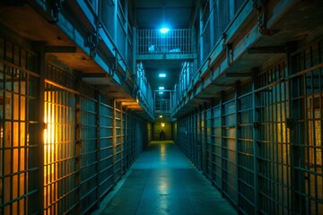 A long hallway with many bars and lights