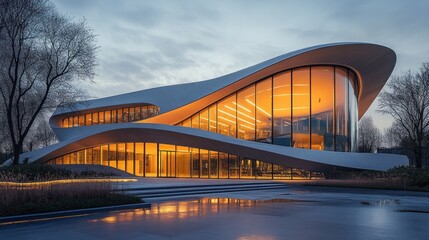 Obraz premium Modern Architectural Marvel: Night Illumination of a Curvaceous Building