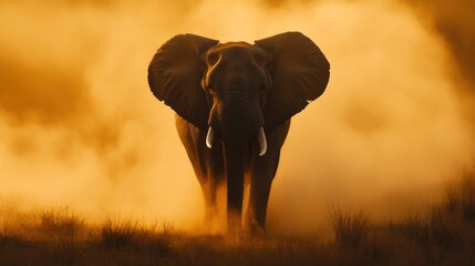 Obraz premium Majestic elephant silhouetted against a vibrant sunset, dust swirling around it.