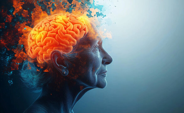 An artistic interpretation of an elderly woman's mind, showcasing thoughts and memories amidst vibrant colors. Ideal for mental health awareness campaigns and art therapy.
