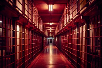 A long hallway with many bars and lights