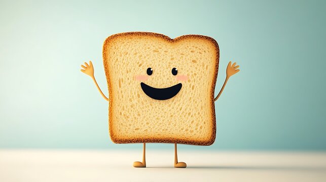 A happy slice of toast with small arms and legs stands in front of a light blue background. The image is a thumbnail from a stock photo website.

