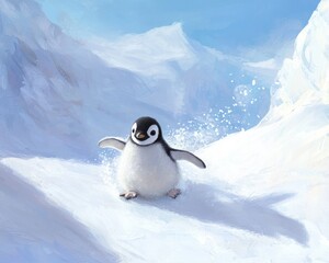 Obraz premium Baby penguin sliding on snow antarctic landscape wildlife winter wonderland playful scene