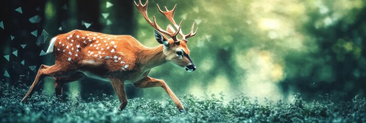 Obraz premium Spotted deer running in a forest.