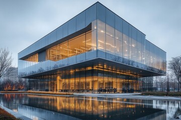 Modern Glass Architecture Building Reflecting in Still Water at Dusk