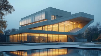 Fototapeta premium Modern Architecture: Concrete and Glass Building at Dusk