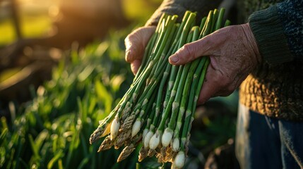 Farmer's hands holding fresh asparagus harvest.