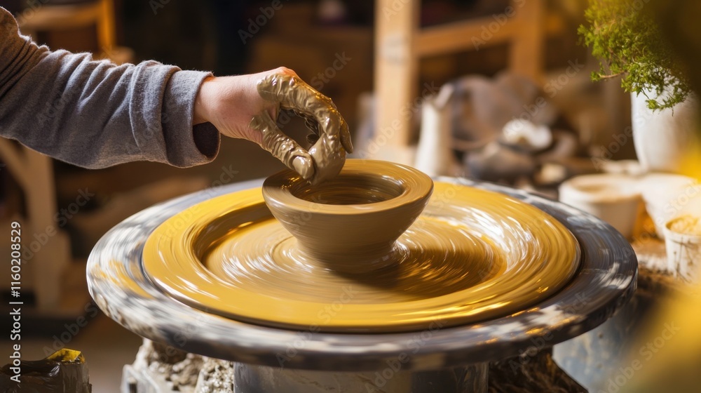 Poster a serene pottery class with clay and sculpting tools, pottery wheel spinning with artistic precision
