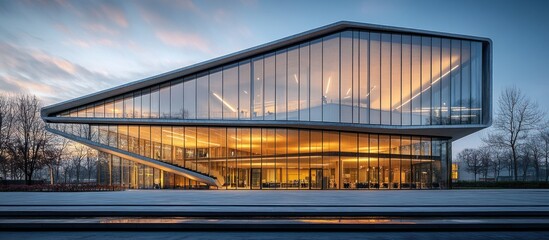 Obraz premium Modern Architectural Masterpiece: Glass Facade Building at Dusk