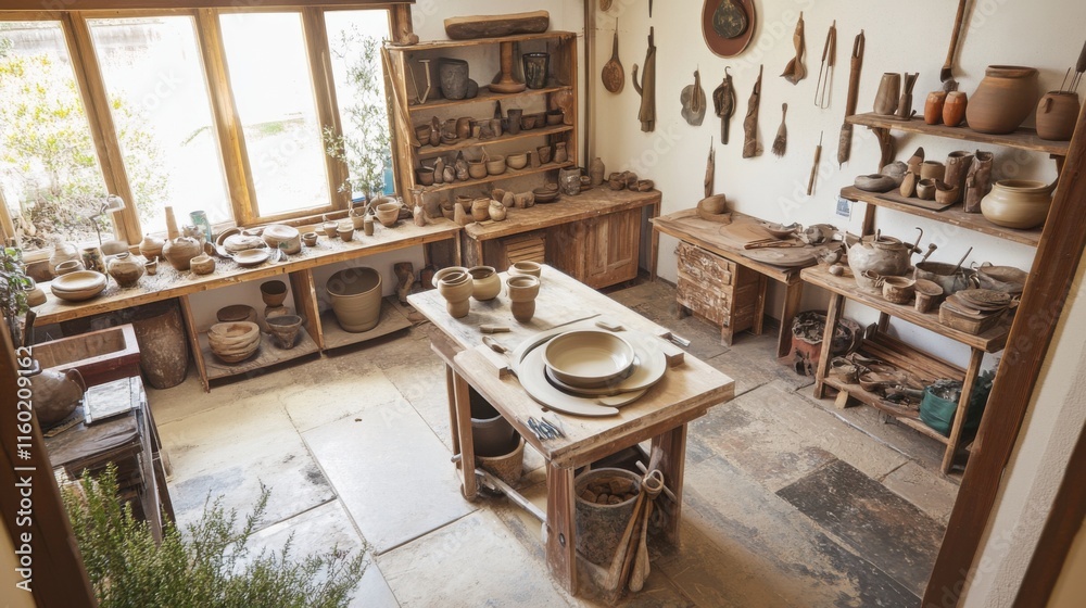 Aufkleber a serene pottery wheel studio with pottery tools and spinning clay, pottery tools arranged around sp