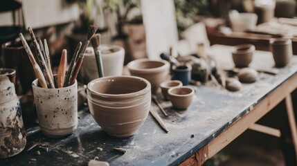 A serene pottery workshop with clay and sculpting tools, Artisan ceramic creation style, photo of